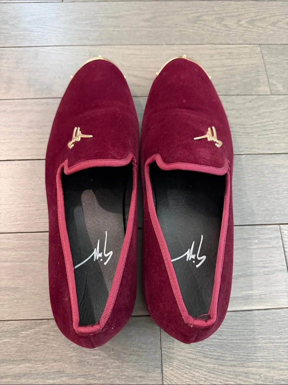 Giuseppe Zanotti Men's Burgundy Velvet Slip-On Loafers with Gold Hardware